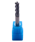 Carbide end mill in blue holder, front view; 3/16-inch solid carbide, square-end, 4-flute.