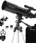 80mm Travel Scope Telescope Kit With Backpack And Smartphone Adapter For Beginners, Crisp Views Of The Moon And Planets, Lightweight Refractor With Fully Coated Glass Lenses, Travel Ready Gear For Daytime Skies And Easy Astronomy. Black 80mm refractor telescope on tripod with backpack, eyepieces, and smartphone adapter