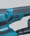 Close-up of Beast Of A Sheet Finishing Sander with teal ergonomic rubberized grip, one third inch orbit, 1.7 Amp, 11,000 OPM.