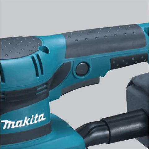Close-up of Beast Of A Sheet Finishing Sander with teal ergonomic rubberized grip, one third inch orbit, 1.7 Amp, 11,000 OPM.