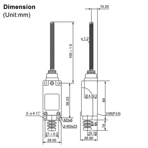 Technical diagram of TZ-8167 BM-8167 Limit Switch With Flexible Spring Arm, dimensions and specifications shown for industrial machinery application.