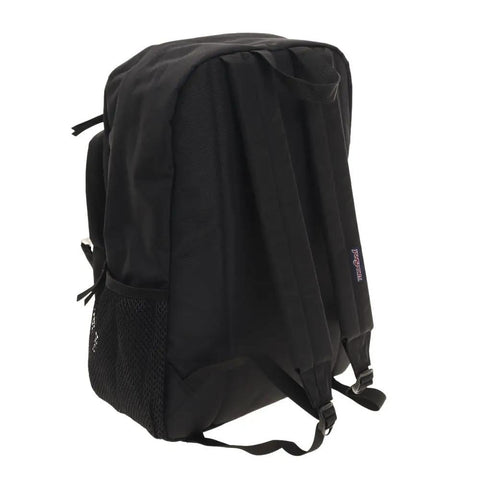 Side view of Union Pack Black Water Resistant Backpack with laptop compartment, dual water bottle pockets, and EVA padded straps.