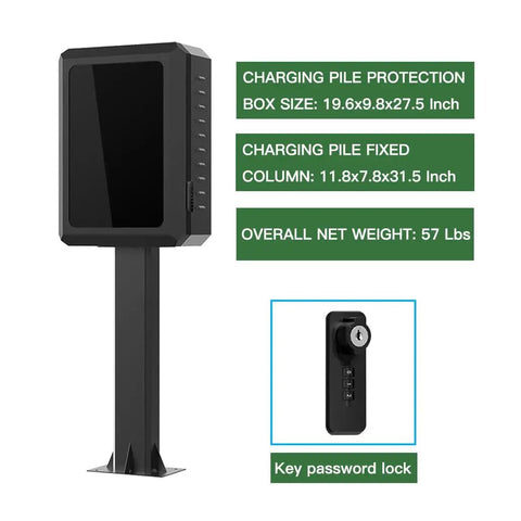 Heavy Duty Outdoor EV Charger Lock Box With Key, Black 27.5 Inches, shown with detailed dimensions and key lock feature.