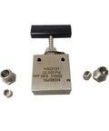 Stainless steel hand-operated needle valve with black T-handle; 60,000 PSI, 316SS, for gas and water, includes four fittings.