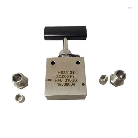 Stainless steel hand-operated needle valve with black T-handle; 60,000 PSI, 316SS, for gas and water, includes four fittings.