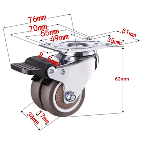 Rock Solid Heavy Duty Swivel Rubber Caster Wheels With Locking Brakes For Trolley And Workshop Cart Smooth Rollin, detailed with dimensions.
