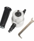 Double Head Sheet Metal Nibbler Saw Cutter Power Drill Attachment with ergonomic handle, nibbler head, and wrench for metal sheet cutting.