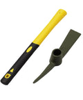 Double Headed Pick Mattock Hoe 15-Inch Garden Tool with Forged Steel Head and Fiberglass Handle, disassembled view.