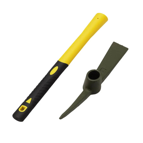 Double Headed Pick Mattock Hoe 15-Inch Garden Tool with Forged Steel Head and Fiberglass Handle, disassembled view.
