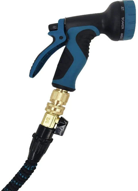 Brass Garden Hose Quick Connectors Three Quarter Inch GHT Male Adapters with blue hose nozzle attached.