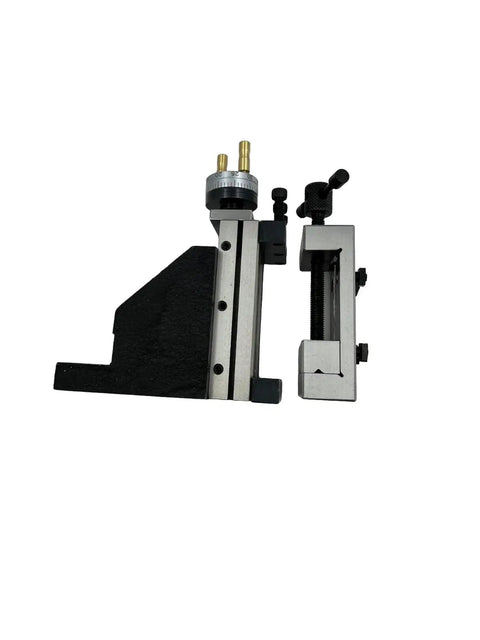 Heavy Duty Mini Vertical Slide With Quick Read Dial And Shop Tested Steel Vice For Bench Lathes viewed from the top, showcasing precision components.