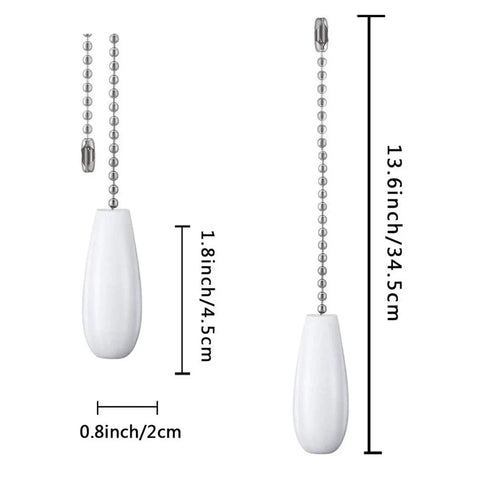 White Wooden Ceiling Fan Chain Pulls Extension 2 Pack For Ceiling Lights And Fans Easy Install No Fuss Replacement For Light Fixtures And Ceiling Fans With Classic Decor Upgrade, showing two white pull chains with measurements.