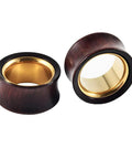 Two Tone Hollow Gold Stainless Steel And Sandalwood Ear Tunnels Plugs Set For Stretched Ears 0G To 1 Inch Double Flared Expander