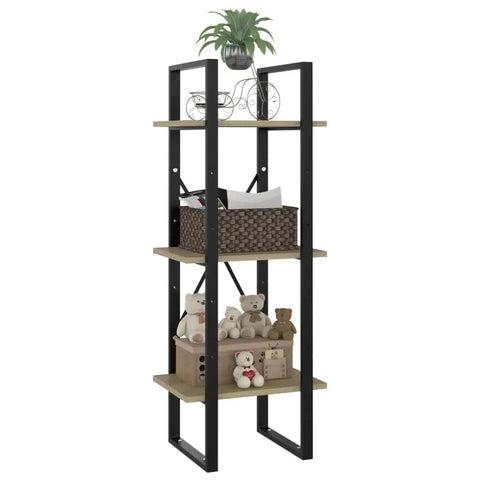 Three Tier Industrial Book Cabinet In Sonoma Oak And Black Finish showing items on shelves, narrow wood and metal for living room and office