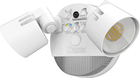 Front view of HomeGuard Two Light Outdoor LED Flood Lights With Motion Sensor Dusk To Dawn Auto On Adjustable Lumens And Color