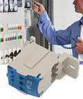 Rock Solid 80 Amp Din Rail Terminal Block Distribution Box With Fire Safe Housing For Heavy Duty Universal Wiring Hookups And Straightforward Power Drop mounted on electrical cabinet.