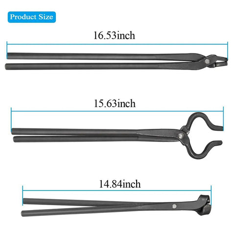 Beefy Forging Blade Tongs Set For Knife Making And Blacksmith Tools Three Pack With V Bit Jaws size 16.53in, 15.63in, 14.84in