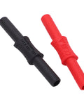 Pair of insulated 4mm female-to-female banana connectors in red and black with PVC sleeve.
