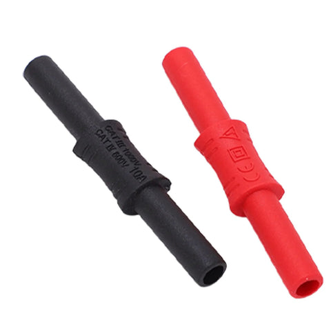 Pair of insulated 4mm female-to-female banana connectors in red and black with PVC sleeve.