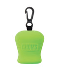 Chums camera lens cloth keychain pouch in EV Green; neon silicone case with CHUMS logo and clip