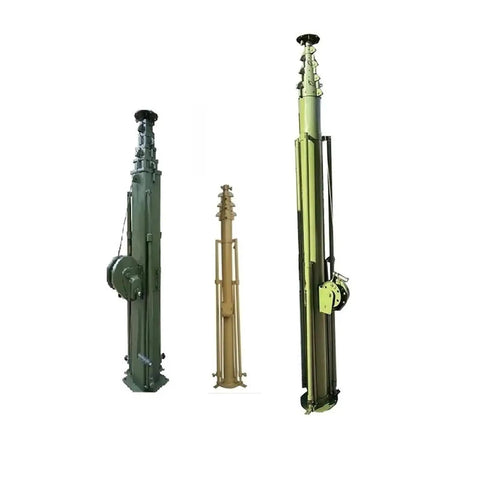 Job Site Ready Hand Crank Telescopic Lifting Mast Featuring A Smooth Manual Winch For Seamless Lighting Setup And Rigging Tasks Custom Length Options Up To Nine Meters, shown in three colors.