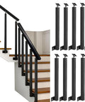 Badass Adjustable Two Seventy Degree Side Mounted Railing Post Bracket Black Wrought Iron Deck Spindle Rust Proof Stair Baluster Heavy Duty For House Or Business Build No Sweat Setup Tight Fit Ten Pack Count displayed on staircase with wooden steps.