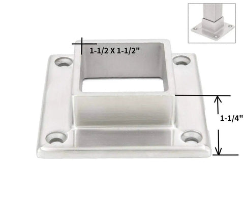 Base Flange For 1-1/2 Inch Square Posts Floor Or Wall Mount Satin Finish 316 Grade Stainless Built Tough For Salt Water Deck Railings