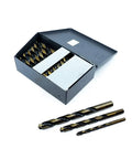 29 Pieces HSS Twist Drill Bit Set Featuring Black And Gold Finish Jobber Length For Cutting Steel Wood Plastic Aluminum in a box.