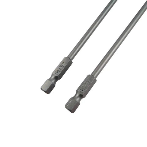Two bits from the Six Piece One Quarter Inch Hex Shank Phillips Screwdriver Bits Set With Magnetic Cross Heads, S2 alloy steel.