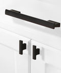 Matte Black Cabinet Pulls 5 Inch Center To Center Aluminum Drawer Handles Set Of 10 for Kitchen Cabinets, shown on white doors.