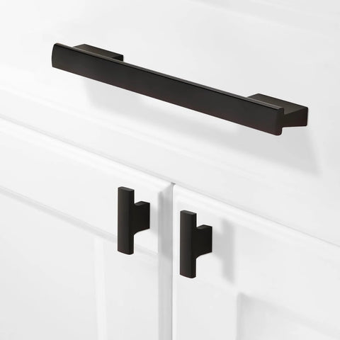 Matte Black Cabinet Pulls 5 Inch Center To Center Aluminum Drawer Handles Set Of 10 for Kitchen Cabinets, shown on white doors.