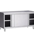 Heavy Duty Stainless Steel Workhorse Prep Table With Cabinet Commercial Kitchen Workbench Featuring Sliding Door Storage For Restaurants And Home Garages 180X60Cm with sliding doors.