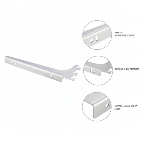 Sturdy Stainless Steel Shelf Bracket For Vertical Track Systems Ideal For Closet And Pantry Storage, Silver Finish, detailed view