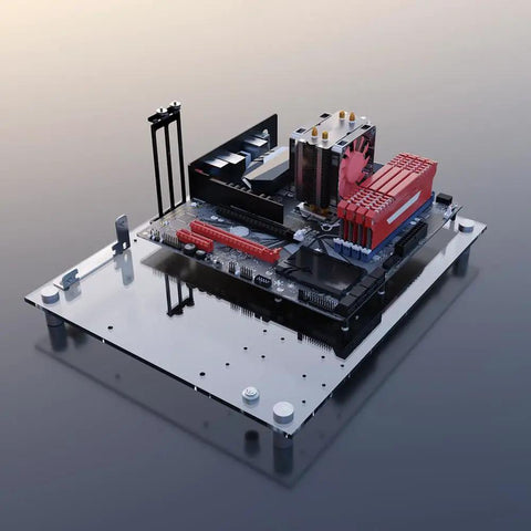 Open Air DIY PC Test Bench Acrylic Case Rack for ATX MATX ITX Motherboards with Superior Cooling and Easy Maintenance.