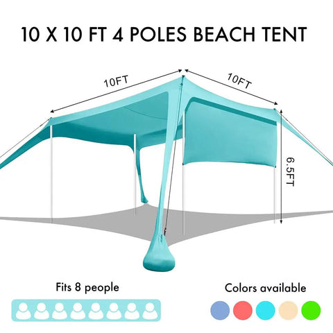 Beach Shade Canopy Tent With Sidewalls 10 by 10 Feet 6.6 Feet Tall UPF 50 Plus Sun Shelter Windproof And Water Resistant