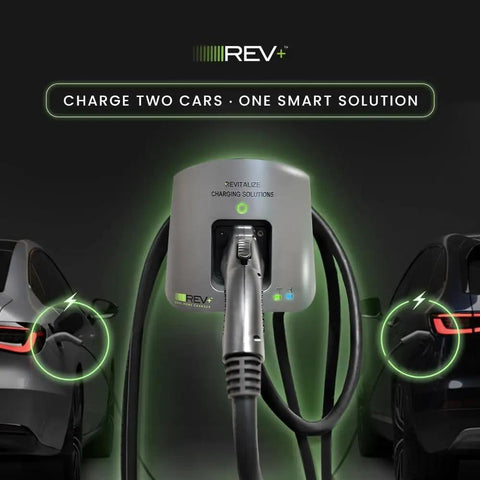 Dual Port Level 2 EV Charger With 50 Amp 11.5 kW Output, 240V Indoor Outdoor Station charging two electric vehicles