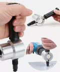 Sheet Metal Cutter Nibbler Double Head Cutting Tool For Power Drill DIY Friendly, shown in various angles and applications.