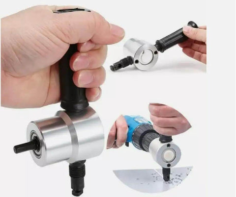 Sheet Metal Cutter Nibbler Double Head Cutting Tool For Power Drill DIY Friendly, shown in various angles and applications.