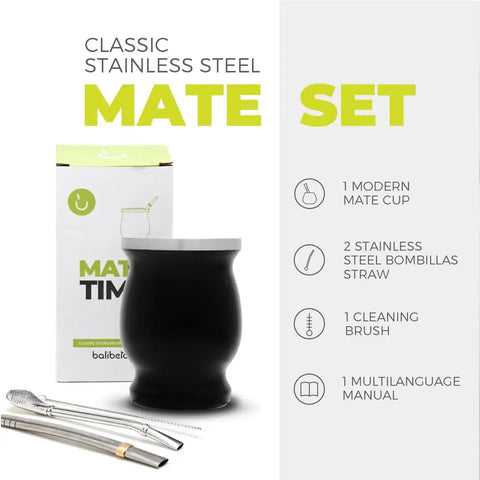 Level Up Your Daily Sip Routine With This Sleek Double Wall Stainless Steel Yerba Mate Cup Set Featuring Two Reliable Bombillas And A Hassle Free Cleaning Brush, showcasing a modern stainless steel mate cup with two bombillas.