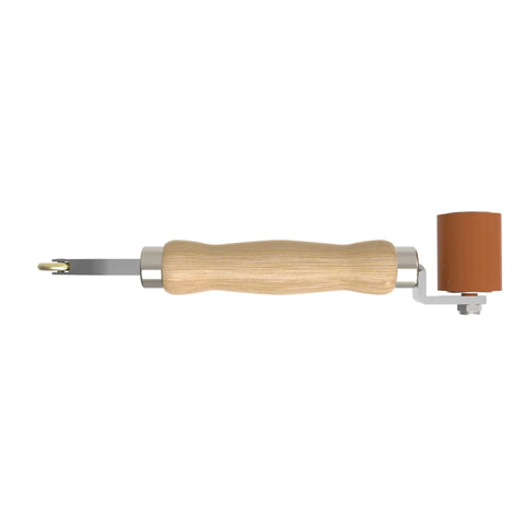 Side view of Pro Grade Built Tough Double End Silicone Seam Roller And Brass Detail Roller Combo Tool with wooden handle.