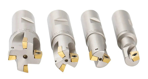 4 Piece 90 Degree Indexable End Mill Set With APKT11T3 Inserts For Steel Stainless Cast Iron And Aluminum Milling, Cutter Diameters One Half Inch, Five Eighths Inch, Three Quarters Inch And One Inch, Features Square Shoulder Face And Side Milling