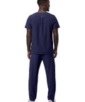 Mens Professional Medical Nursing Scrub Set Featuring Classic V Neck Top And Cargo Pants Crafted From Navy Blue No Drag Stretch Fabric Built Straight Up To Keep You Cool While Rocking Every Shift from back view.