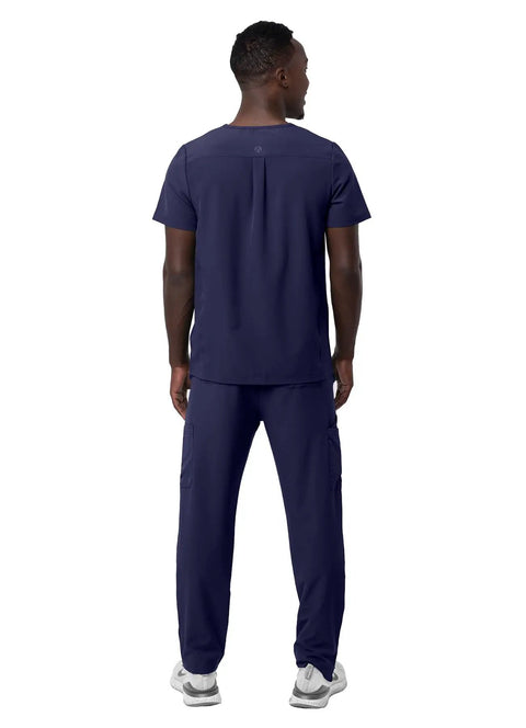Mens Professional Medical Nursing Scrub Set Featuring Classic V Neck Top And Cargo Pants Crafted From Navy Blue No Drag Stretch Fabric Built Straight Up To Keep You Cool While Rocking Every Shift from back view.