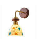 BZXNC Indoor Wall Sconce Lamp, Vintage 12.20" Copper, Compact Structure with colorful glass shade and wooden base.