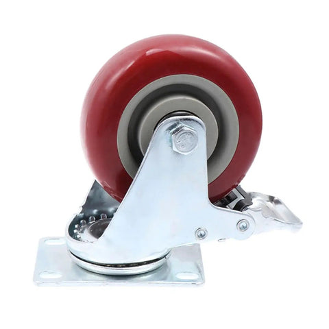 Red Swivel Caster Wheels TPR Metal 2pcs, with Brake 360 Degree close-up view showing red wheel and metal brace.