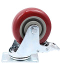 2pcs Red Swivel Caster Wheels Pack with TPR and Metal Bearings, close-up of a red wheel with metal base and brake.