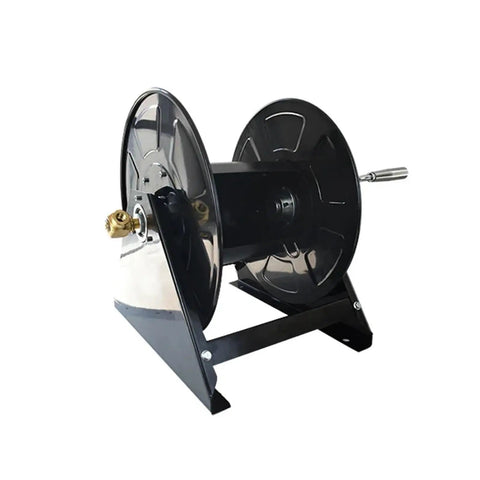 Portable Garden Hose Reel That Swallows All Your Water Lines And Tubing With Zero Fuss Super Snappy To Wind Up And Store Away, sturdy black metal design.