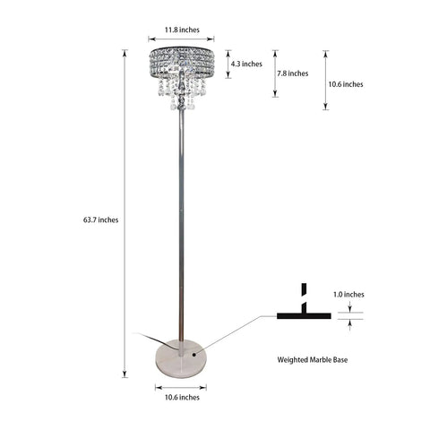 Modern Black Floor Lamp With K9 Clear Glass Crystals, Three Light Crystal Glass Standing Lamp For Living Room And Bedroom, Reading Corner Light, Glam Accent Lighting That Delivers Warm Soft Glow And A Cozy Killer Vibe showing dimensions and marble base.