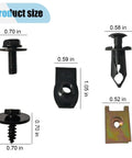 Detailed image of 100 Piece Automotive Screws And Bolts Kit For Engine Under Cover Splash Shield Guard And Fender Liner Push Retainer Clips U Nuts And Plastic Rivet Fasteners For Car Body Repair with dimensions