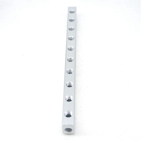 G One Quarter BSP Port Pneumatic Aluminum Manifold Block Splitter Ten Way Twelve Port Solid Aluminum Construction 330mm long